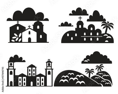 Cityscape vector illustration set with silhouettes of ancient town buildings, modern architecture, and urban sky icons
