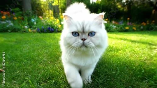 Cute confident cat walking toward camera in sunny park, playful feline strutting on grass with natural outdoor background