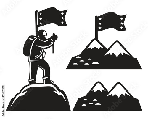 Mountain landscape vector illustration with a man silhouette, a cute dog, and cat icons