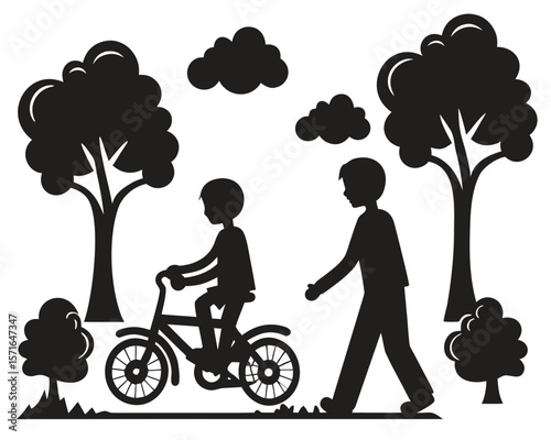 Children joyfully riding bicycles, silhouetted against a summer sky, showcasing the love of sport and nature