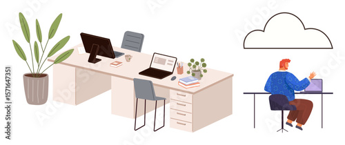 Office desk setup with computers, documents, and plant decor, complemented by employee working on laptop with a cloud symbol. Ideal for technology, office tools, remote work, cloud data, coworking