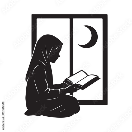 Muslim girl in hijab reading a book by the window under the moon