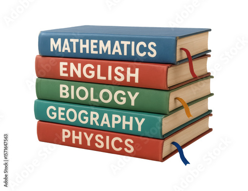 Stack of school books with subject titles isolated on transparent background.