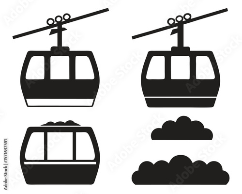 Black vector silhouette set of transportation icons including cable car, truck, train, and bus