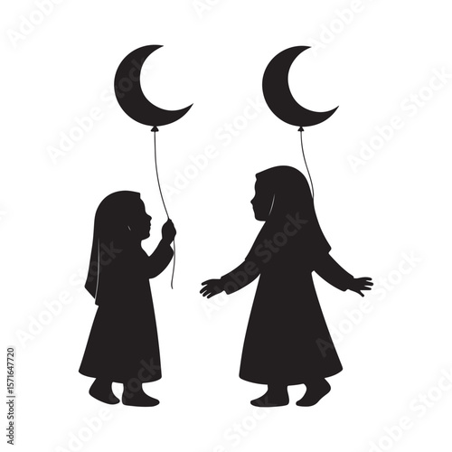 Two muslim girls in silhouette holding crescent moon balloons on white background