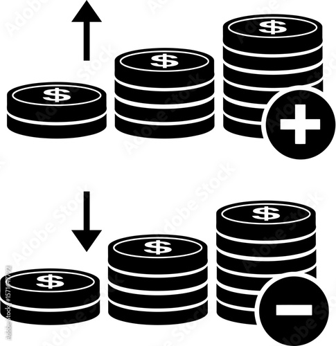 Increase or Decrease in Financial Capital Vector Illustration of Growing and Shrinking Stacks of Coins
