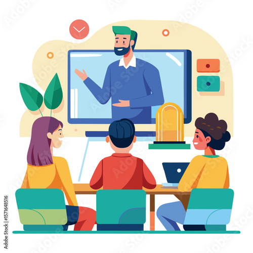 Business team members engaging in a video conference meeting with a professional instructor on a large screen.