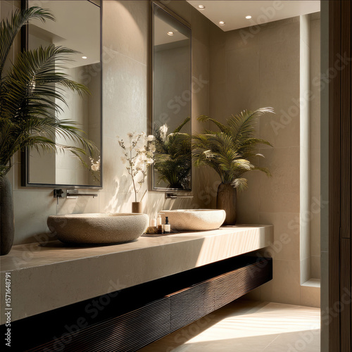 Modern double bathroom with stone sinks, large mirrors, beige tile, natural light, and lush green plants creating serene atmosphere