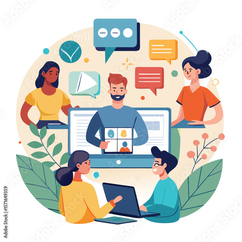 Collaborative online meeting illustration featuring diverse team members participating and exchanging ideas digitally