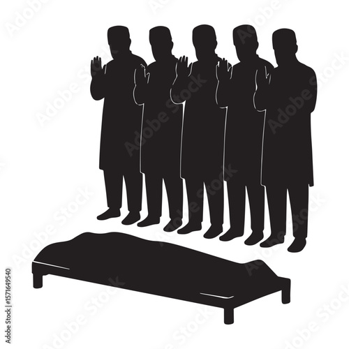 Muslim funeral prayer janazah with a body on a bier and mourners praying