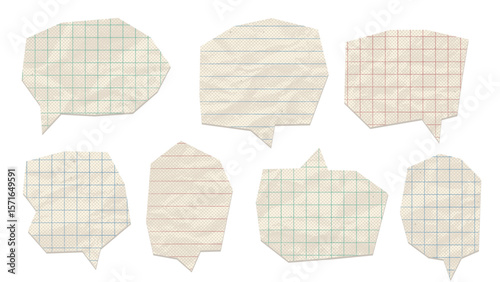 Set of speech bubbles made from crumpled paper with math lines notebook pattern. Vintage Dialogue shapes with halftone effect, dotted gritty texture and cut out notebook sheet edges. Vector