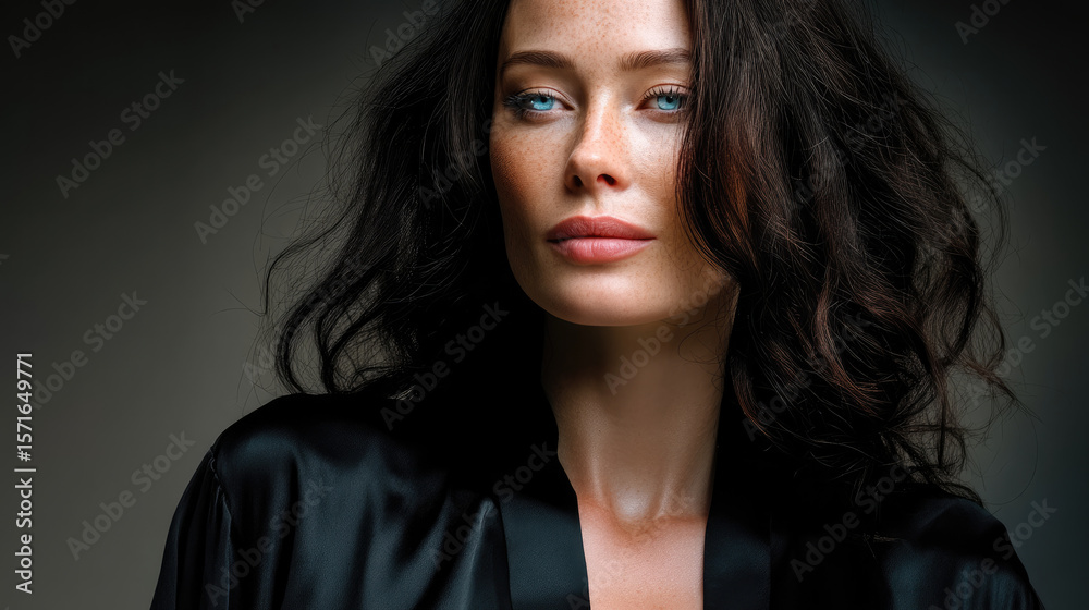 Confident woman with dark wavy hair, blue eyes, fair skin, wearing black satin robe, natural makeup, studio portrait Confident woman with dark wavy hair, blue eyes, fair skin, wearing black satin robe, natural makeup, studio portrait