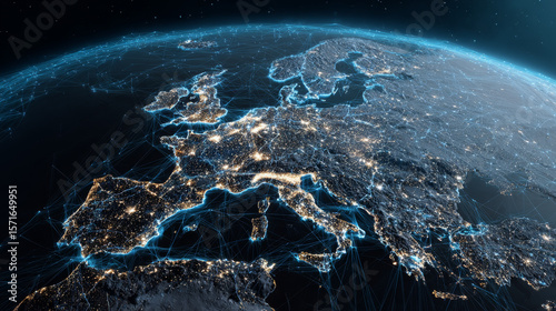 dynamic digital world map emphasize Western Europe continental  for AI powered global network connectivity big data transfer cyber technology network information exchange and telecommunication conc