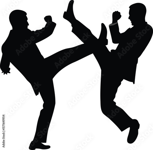 Silhouette of Two Men Kicking in a Fight - Vector Illustration of Martial Arts and Combat Action