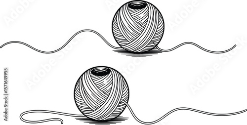 Ball of Yarn Line Drawing, Knitting Thread Minimalist Art.

