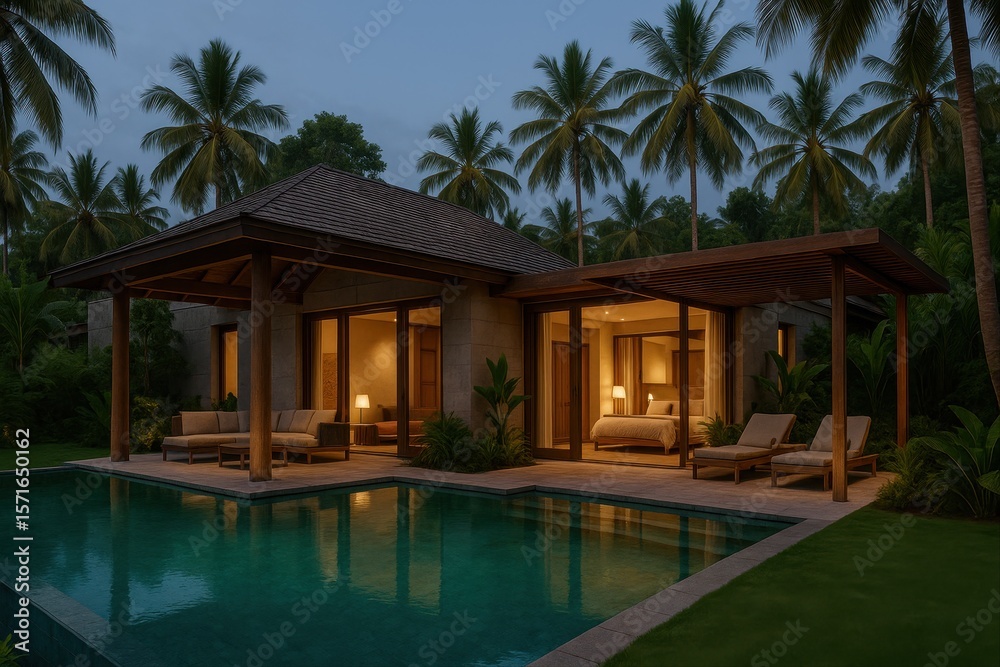 Fototapeta premium Tropical Villa with Infinity Pool at Twilight 