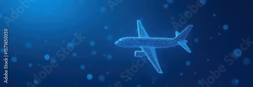 Airplane flying through particles in cyberspace with copy space banner