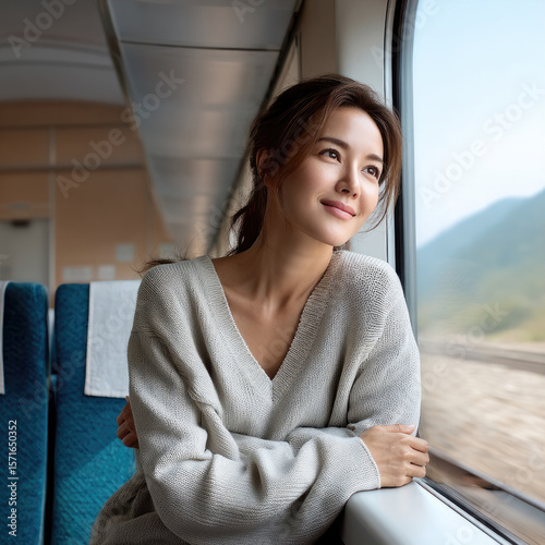 Young Asian woman sitting on train seat, wearing light sweater, gazing out window with peaceful smile, scenic landscape outside