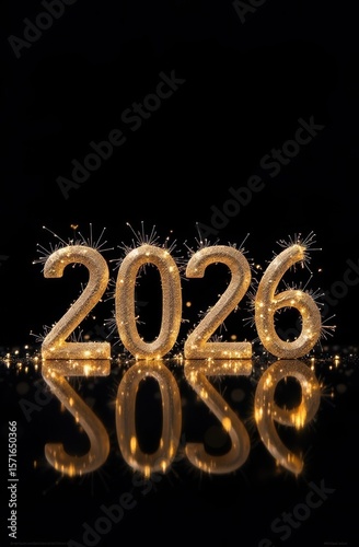 Golden 2026 sparkling with fireworks on reflective surface celebrating new year's eve