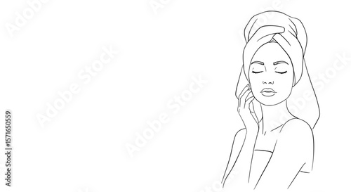 Woman relaxing with towel wrapped around hair in minimalistic style  