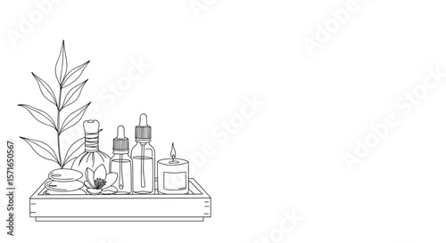 Line drawing of essential oils and herbal products on a tray  