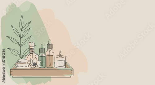 Aromatherapy essentials with oils, candles, and stones on wooden tray  
