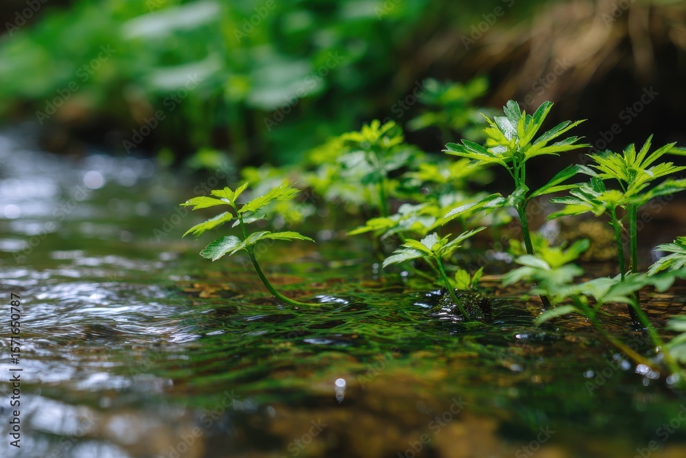 Fototapeta premium Spring green plants thrive along a clear flowing stream in a tranquil setting showcasing nature's vibrant beauty and freshness
