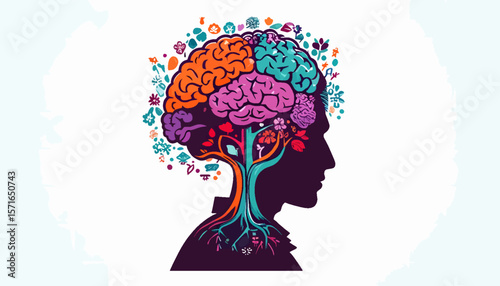 Creative Brain Growth in Vibrant Symbolic Illustration with Copy Space