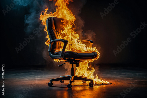 Burning office chair concept image for job burnout stress and workplace frustration in a dark setting