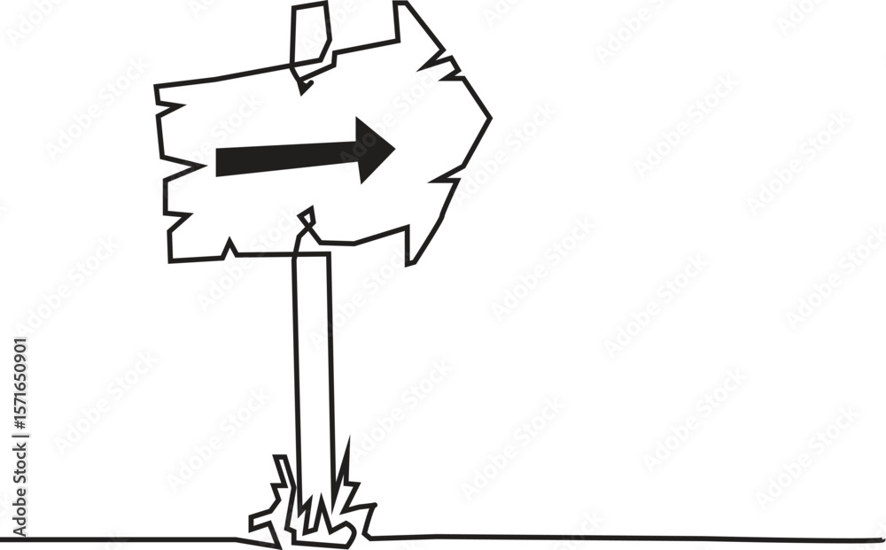 Continuous one line drawing of road direction sign arrows. Textured wooden sign board hand drawn vector illustration.