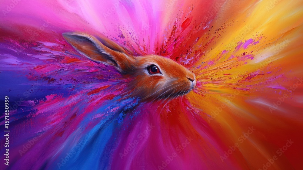 Obraz premium Colorful hare bursts from vibrant explosion