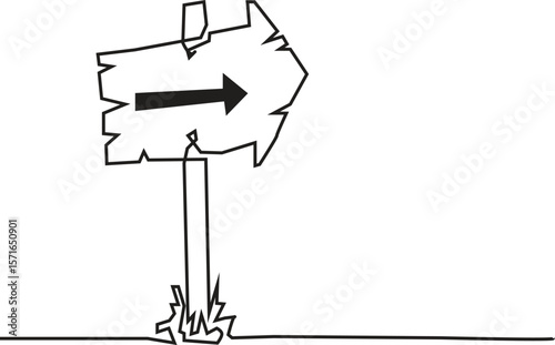 Continuous one line drawing of road direction sign arrows. Textured wooden sign board hand drawn vector illustration.