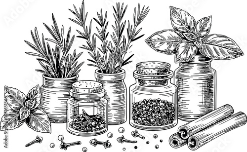  a classic breakfast spread, including toast, a croissant, jam, fried eggs, and pancakes with syrup, all in a black and white sketch style.