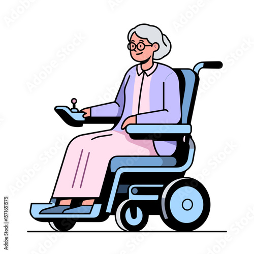 Elderly woman using a motorized wheelchair and smiling  