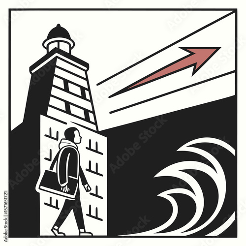 Monochrome Business Crash Illustration – Graph Fall with Lighthouse