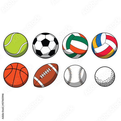 Collection of popular sports balls including soccer tennis basketball football baseball volleyball and golf