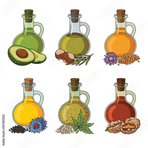 Collection of six glass bottles filled with various natural oils and ingredients