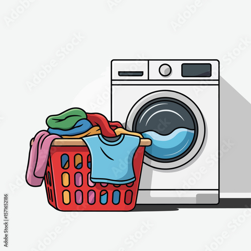 Cartoon laundry basket full of clothes next to a washing machine