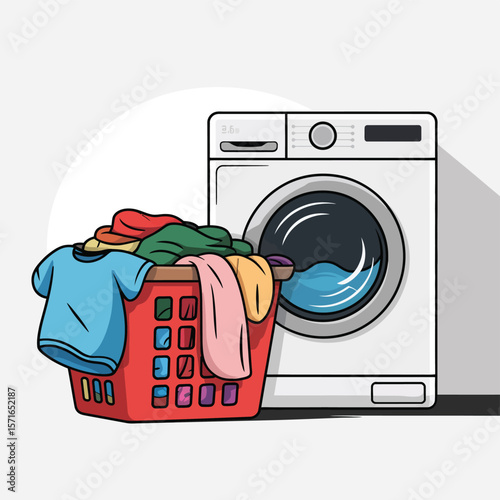 Laundry basket full of colorful clothes next to a modern washing machine
