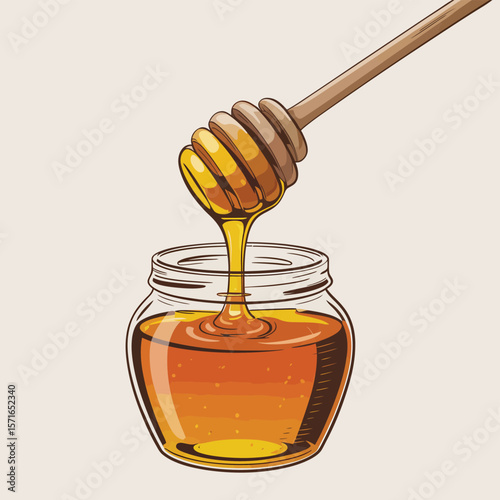 Golden honey dripping from wooden dipper into glass jar