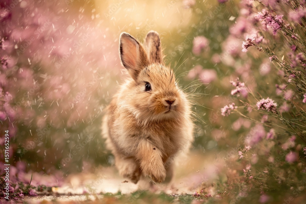 Fototapeta premium Cute bunny rabbit joyfully running through a dreamy flower-filled landscape under soft, warm sunlight