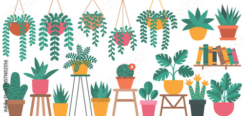 Collection of various potted houseplants and books on a shelf in flat design style