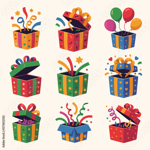 Nine colorful open gift boxes with confetti balloons and streamers