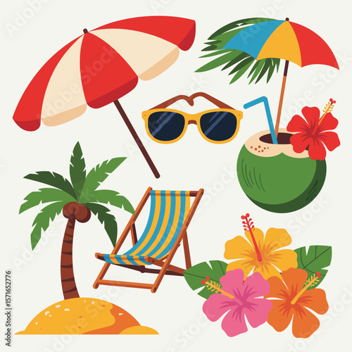Tropical beach vacation elements including palm tree beach chair sunglasses and coconut drink