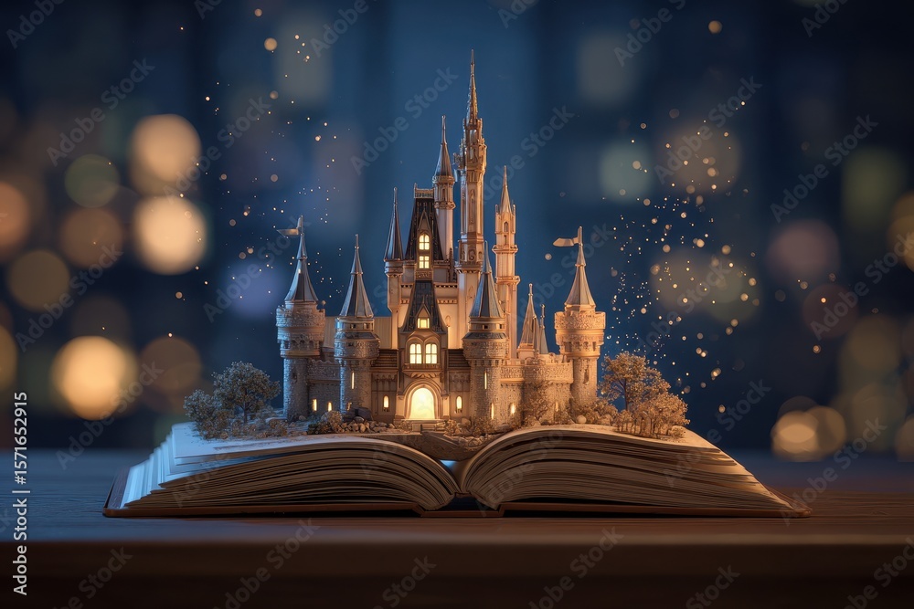 Obraz premium Exploring the magic of education with a fantastical castle rising from an open book illuminated in a dreamy nighttime setting