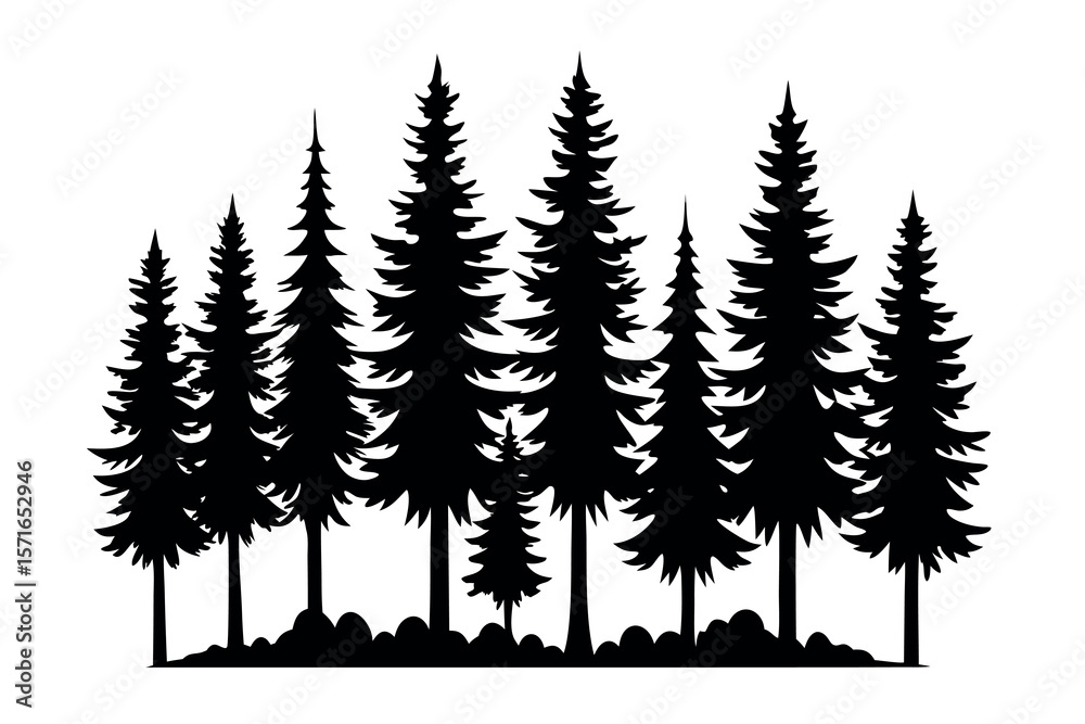 Fototapeta premium Realistic Pine Tree Silhouettes – Flat Black Forest Vector Trees on White Background