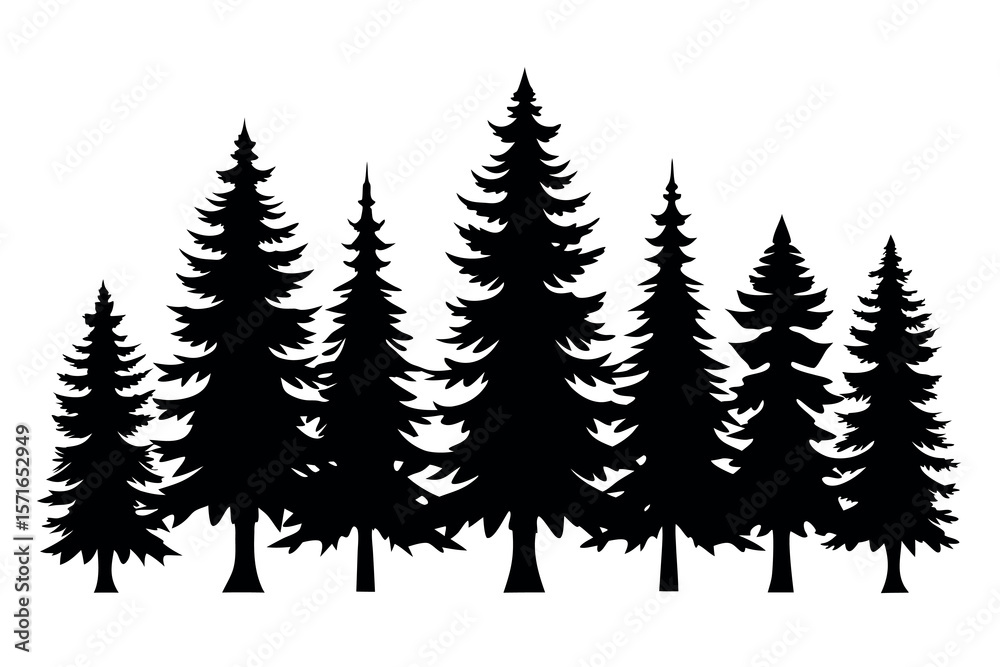 Obraz premium Realistic Pine Tree Silhouettes – Flat Black Forest Vector Trees on White Background