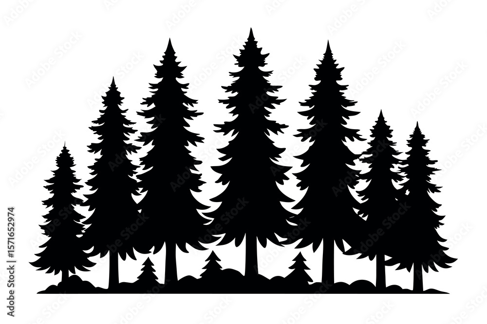 Obraz premium Realistic Pine Tree Silhouettes – Flat Black Forest Vector Trees on White Background