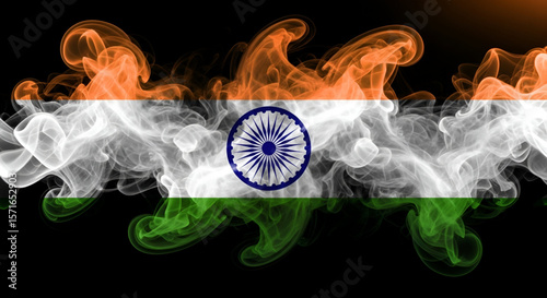 Artistic abstract representation of Indian national tricolor flag using swirling smoke texture with Ashoka chakra on black background symbolizing independence and patriotic spirit