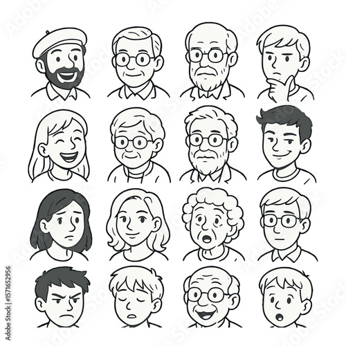 Diverse faces set. simple character avatars, people expressions, heads, profile vector icons.